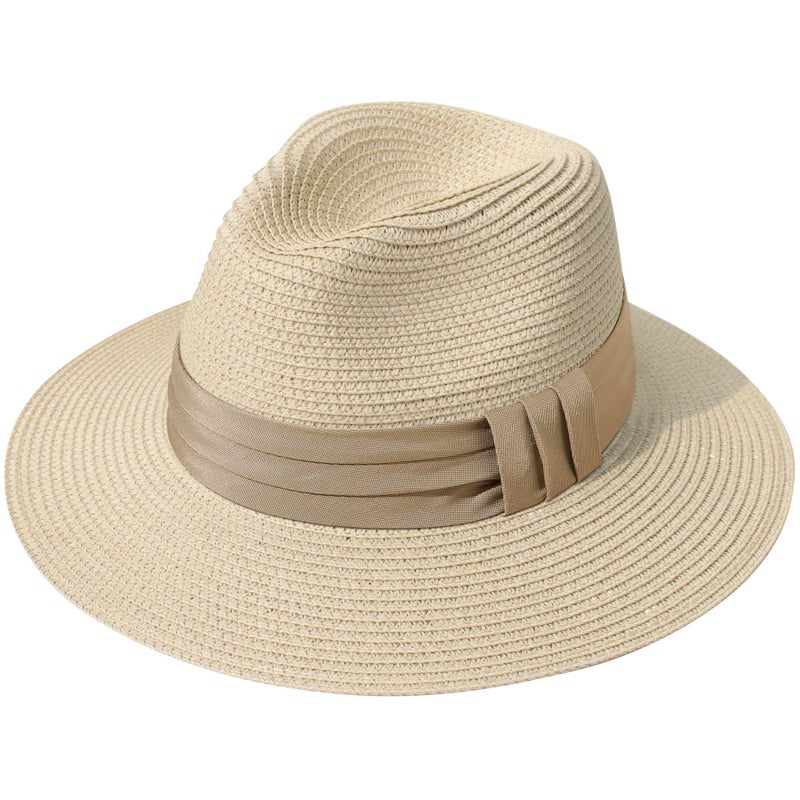 Lanzom Women Wide Brim Straw Panama Roll up Hat Fedora Beach Sun Hat UPF50+ (B-Khaki) - Image 1